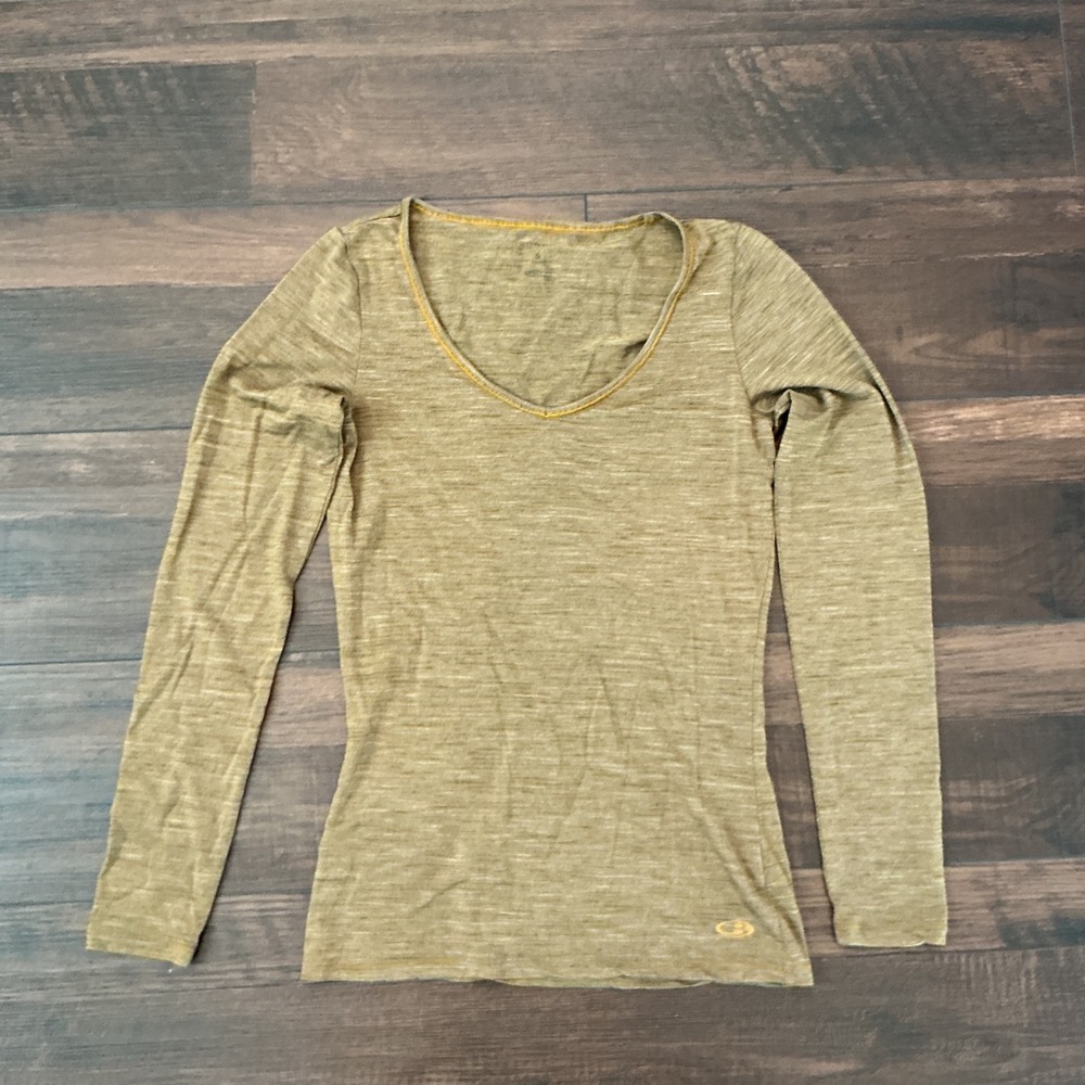 Icebreaker Merino Wool Striped Long Sleeve V-Neck Top Yellow Grey Small Hiking
